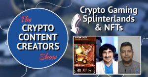 Season 1 Episode 4 of the Crypto Content Creators show graphic with logo, title of episode "Crypto Gaming, Splinterlands & NFTs" with a picture of a Yodin Zaku card, Jordan Navarrete, and Shaine Mata